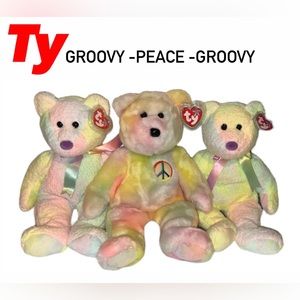 Set Of 3 Ty Beanie Buddy Groovy - Peace - Groovy The Bear  1999